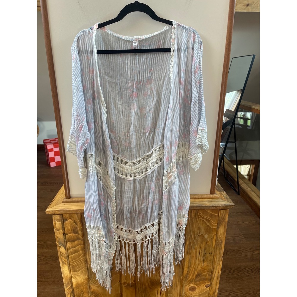 Lapis Kimono Cardigan Womens Large Blue Pink Striped Floral Crochet Fringe Boho